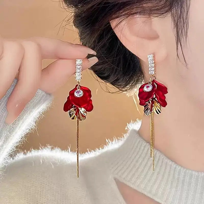 925 Silver Red Petal Tassel Drop Earrings