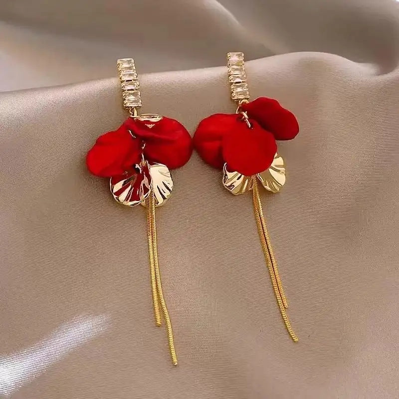 925 Silver Red Petal Tassel Drop Earrings
