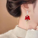 925 Silver Red Petal Tassel Drop Earrings