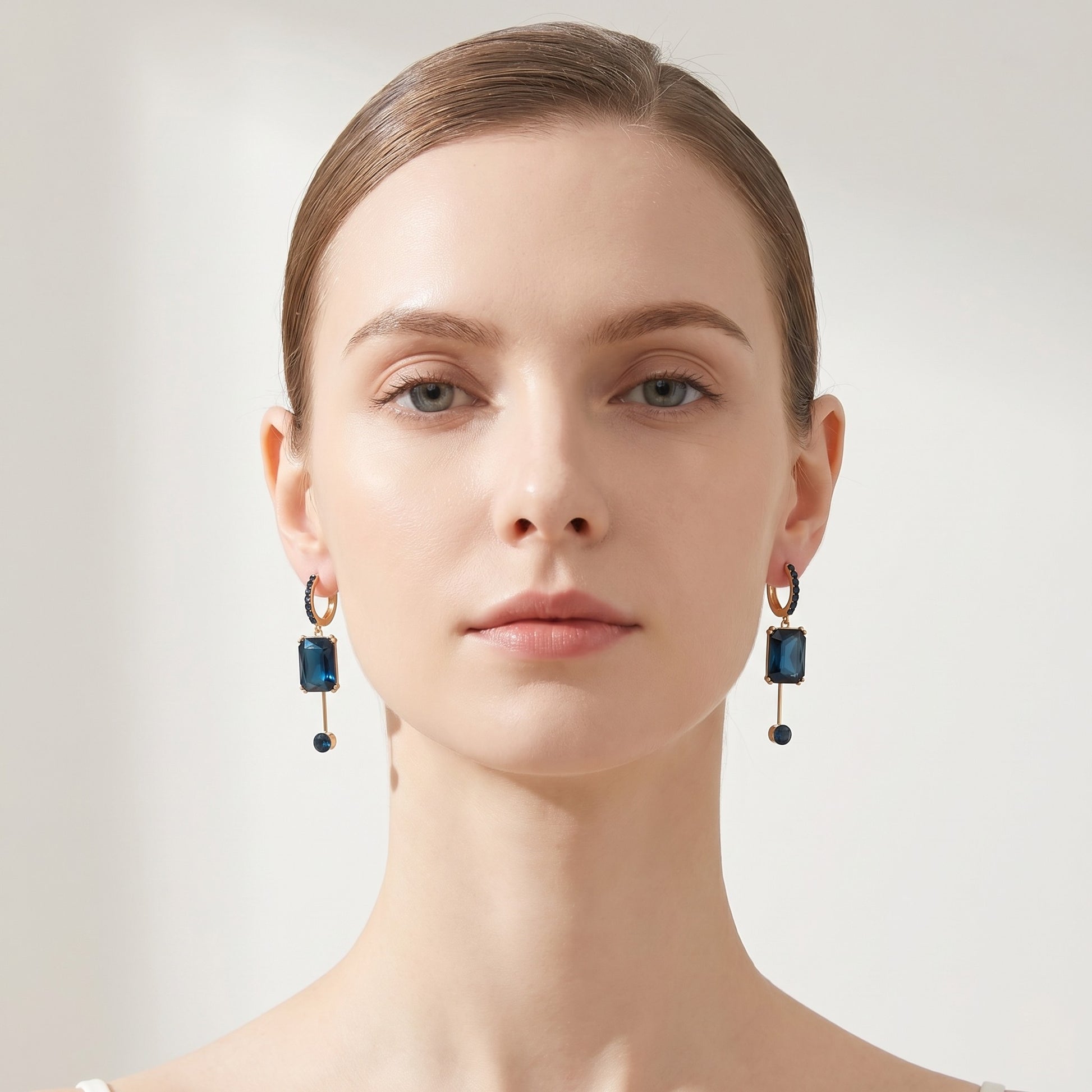 Blue Emerald Cut Drop Hoop Earrings