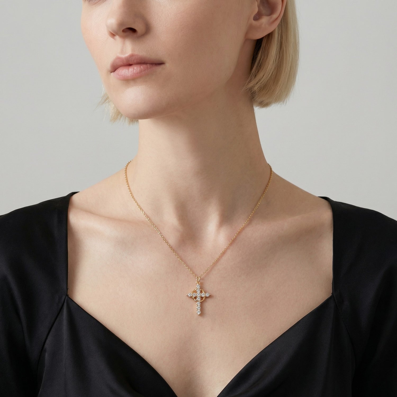 Open Circle Crystal Cross Necklace