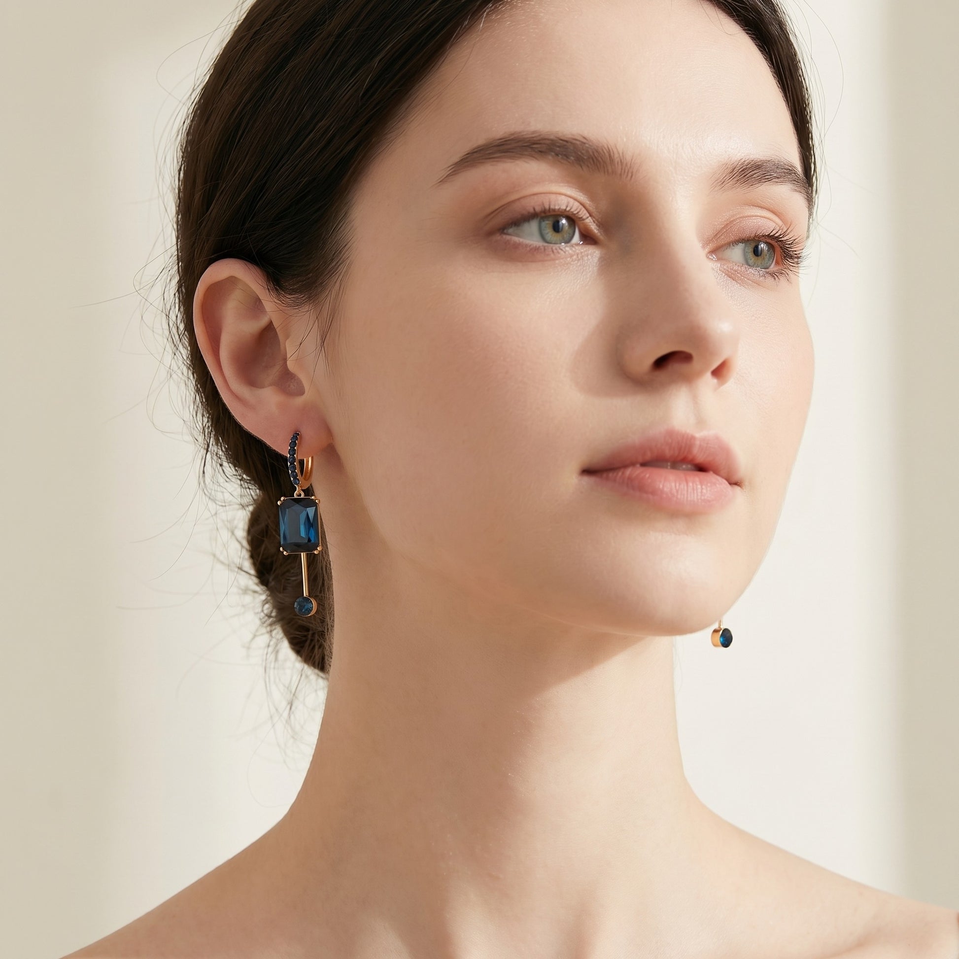 Blue Emerald Cut Drop Hoop Earrings