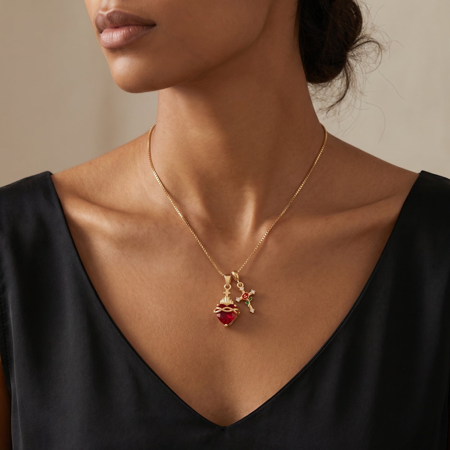 Sacred Heart and Cross Charm Necklace