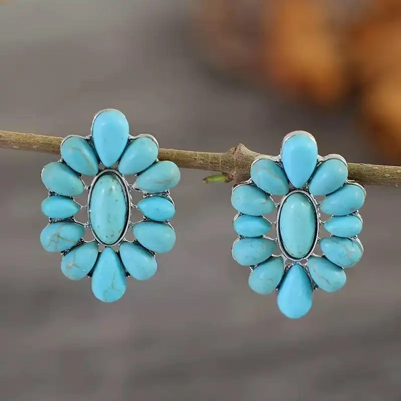 Alloy Turquoise Enamel Geometric Floral Earrings