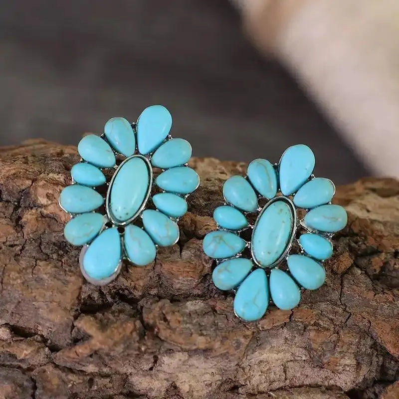 Alloy Turquoise Enamel Geometric Floral Earrings