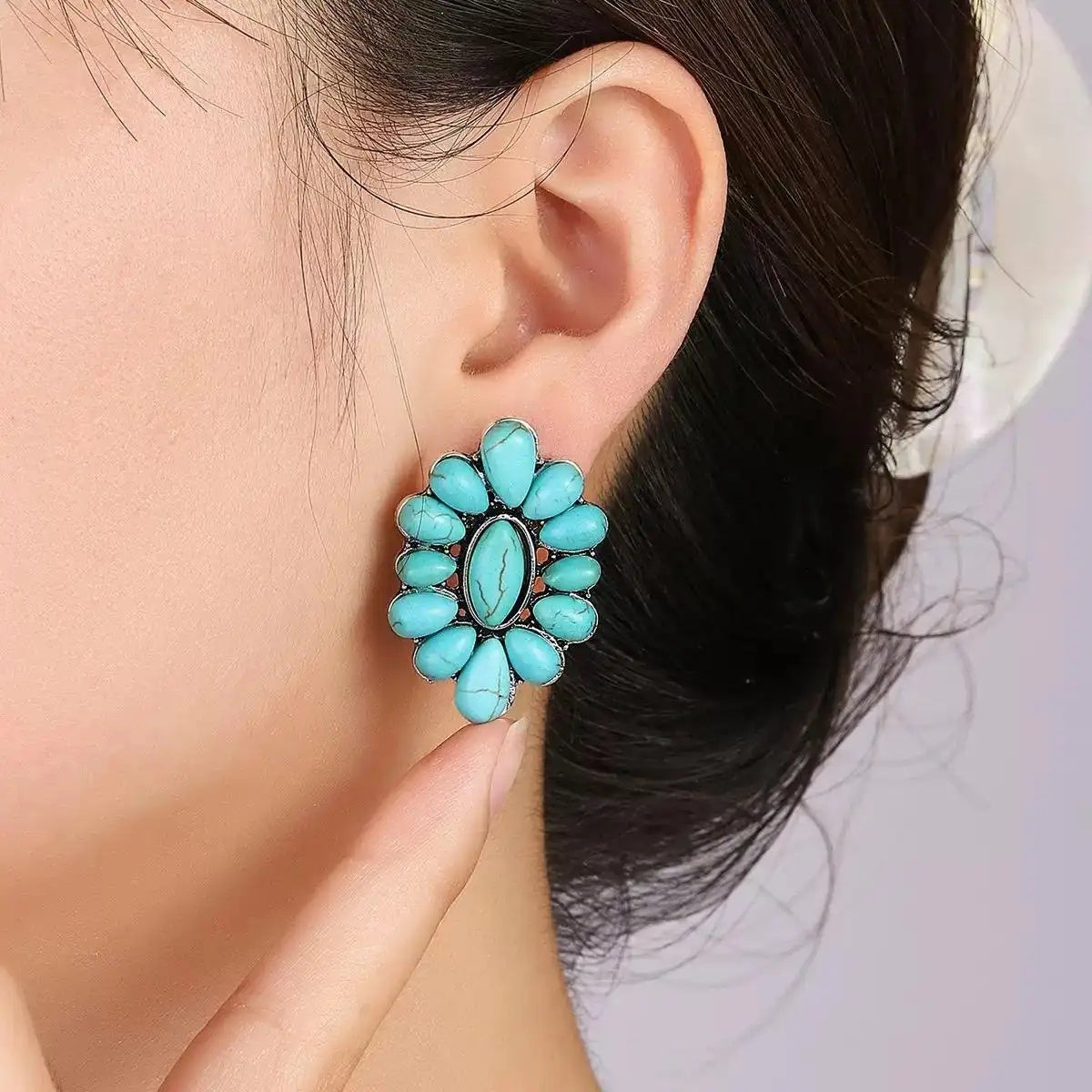 Alloy Turquoise Enamel Geometric Floral Earrings