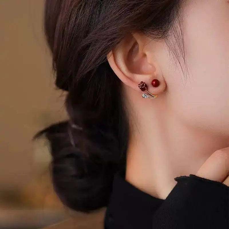 Ankole Red Rose Flower Stud Earrings