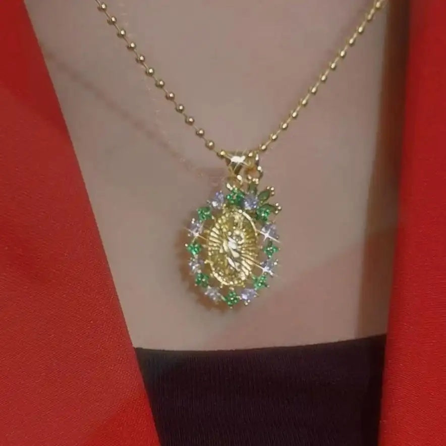 Artistic Vintage Crystal Virgin Mary Pendant Necklace