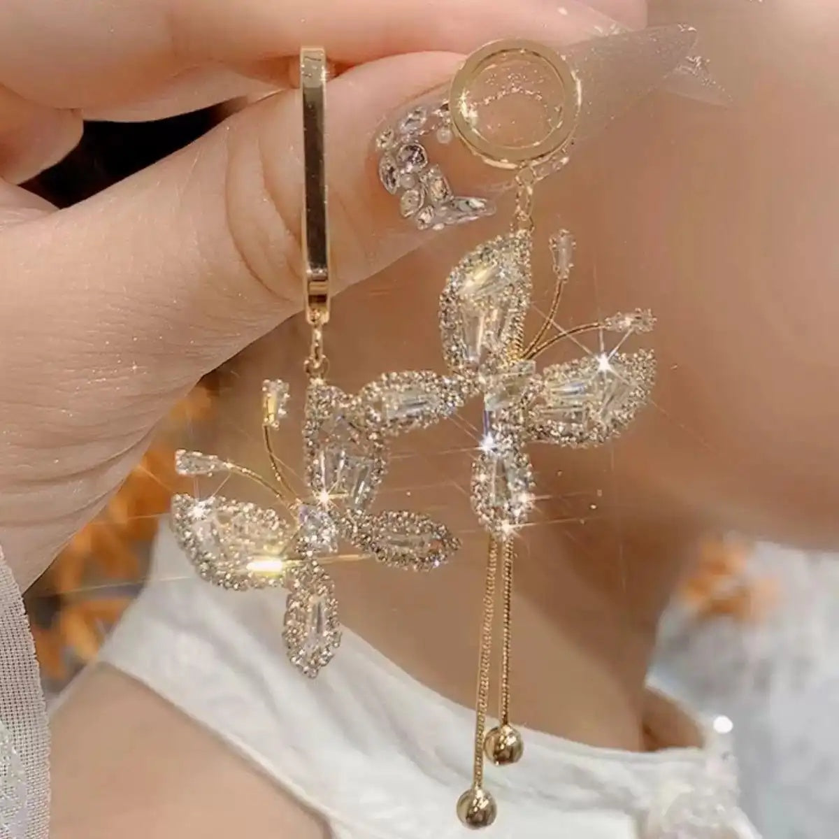Asymmetric Butterfly Tassel Drop Earrings