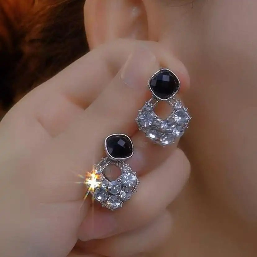 Black Crystal Geometric Drop Earrings