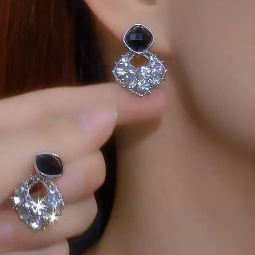 Black Crystal Geometric Drop Earrings