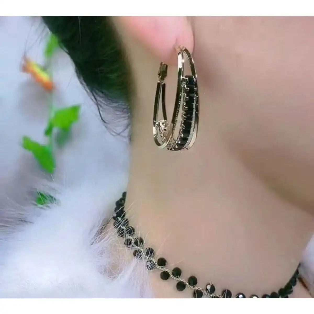 Black Crystal Oval Hoop Earrings
