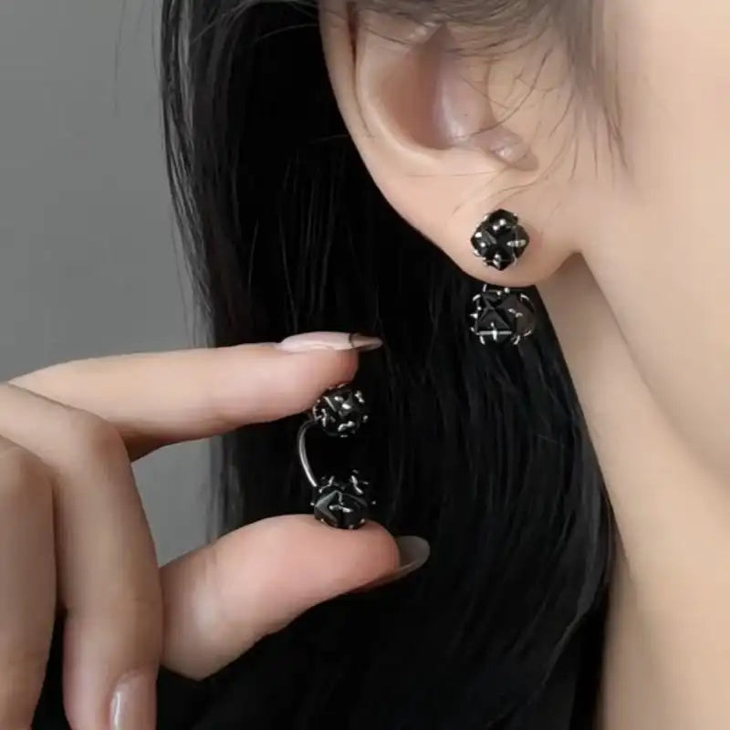 Black Crystal Two-Way Wear Needle Earrings