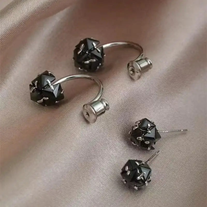 Black Crystal Two-Way Wear Needle Earrings