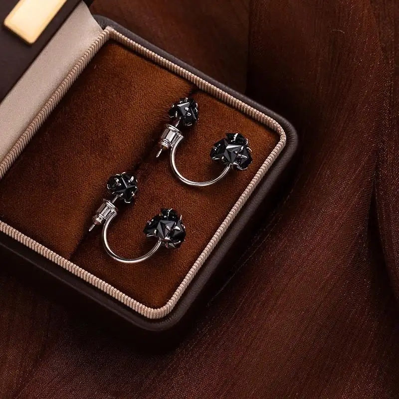 Black Crystal Two-Way Wear Needle Earrings