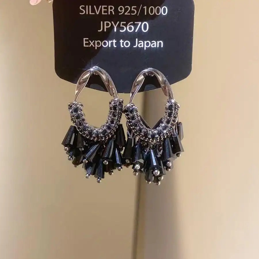 Black Fan Crystal Tassel Drop Earrings