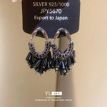 Black Fan Crystal Tassel Drop Earrings