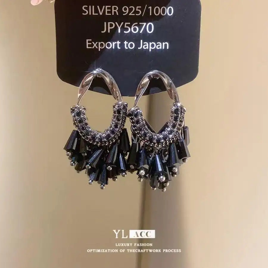 Black Fan Crystal Tassel Drop Earrings