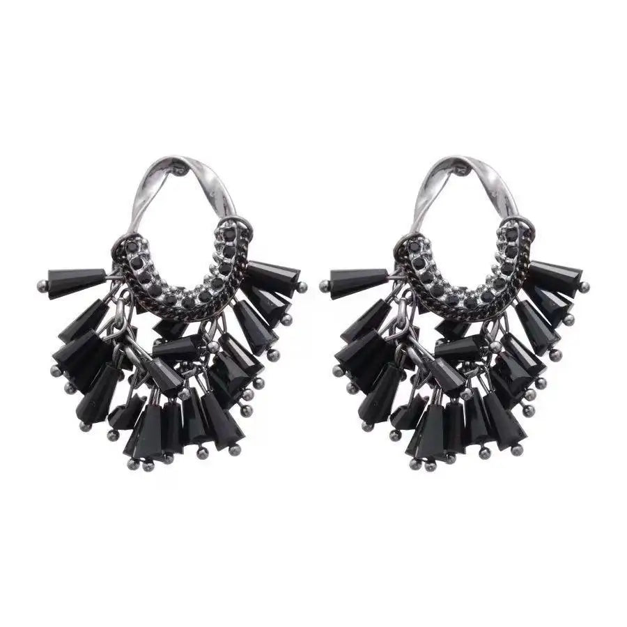 Black Fan Crystal Tassel Drop Earrings