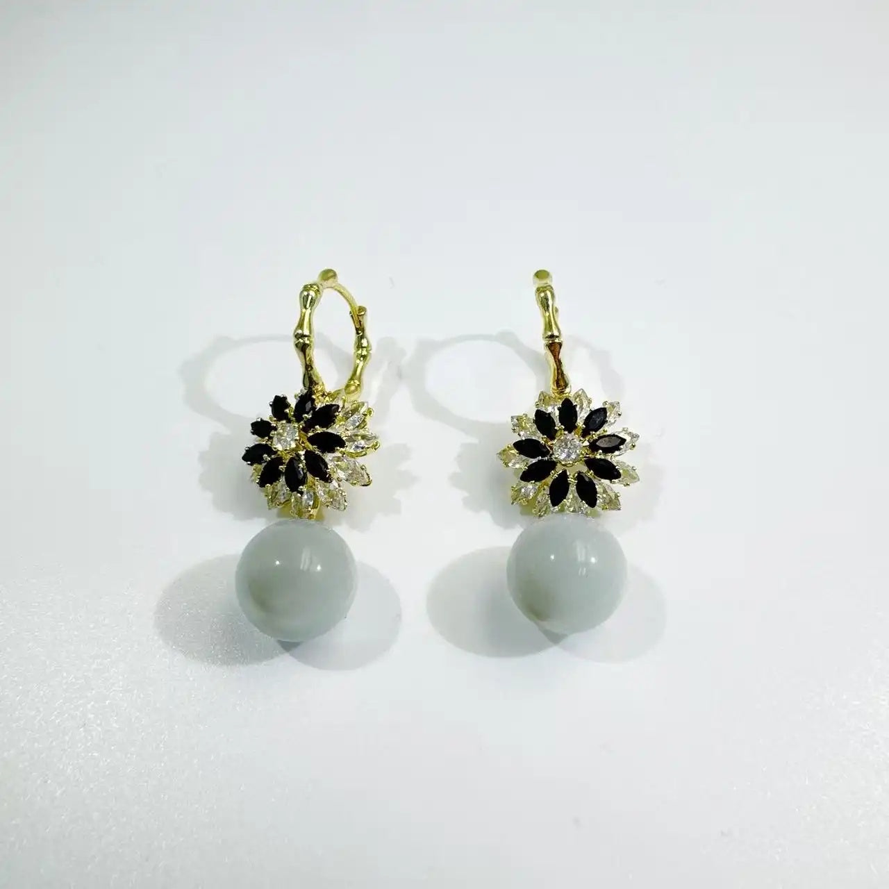 Black Flower White Bead Drop Earrings