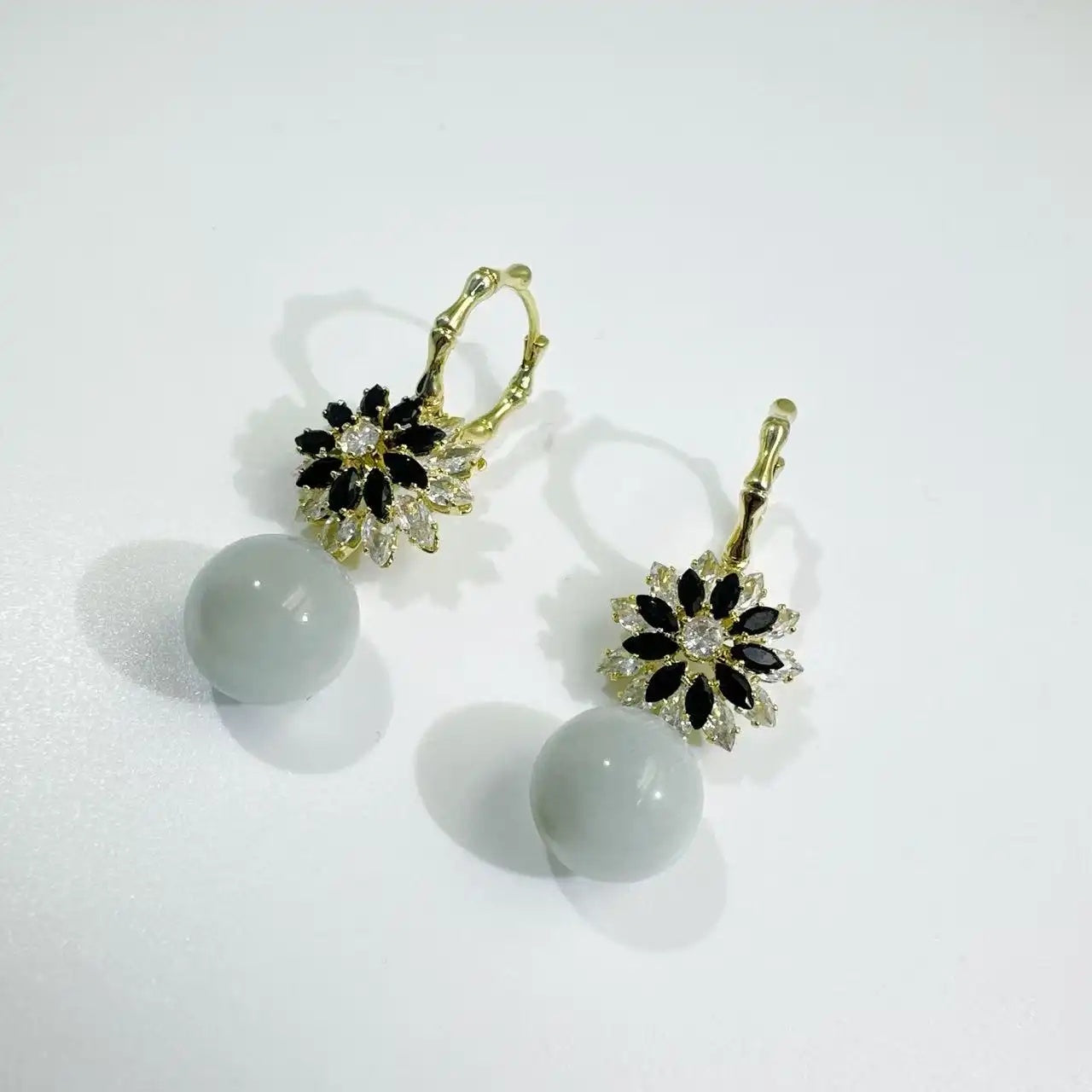Black Flower White Bead Drop Earrings