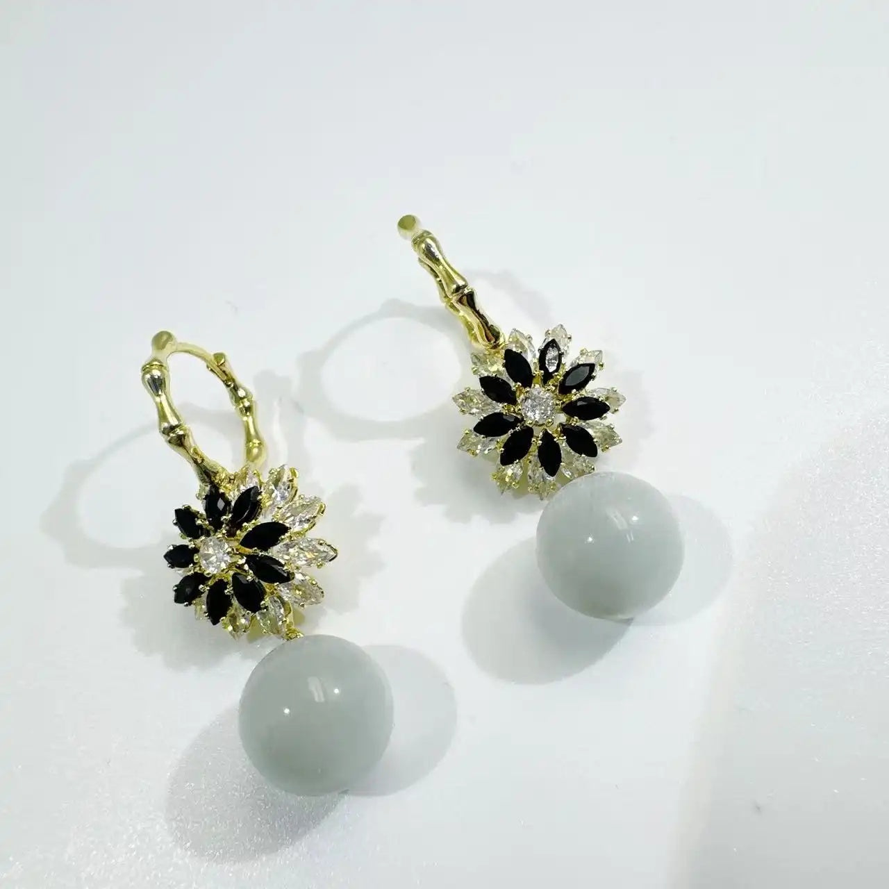 Black Flower White Bead Drop Earrings