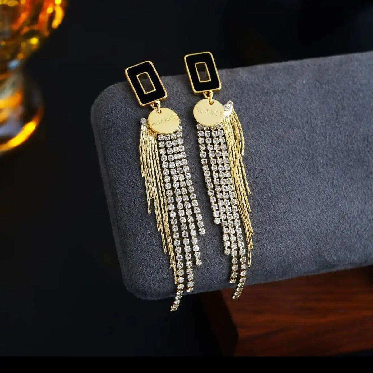 Black Geometric Chain Tassel Drop Earrings