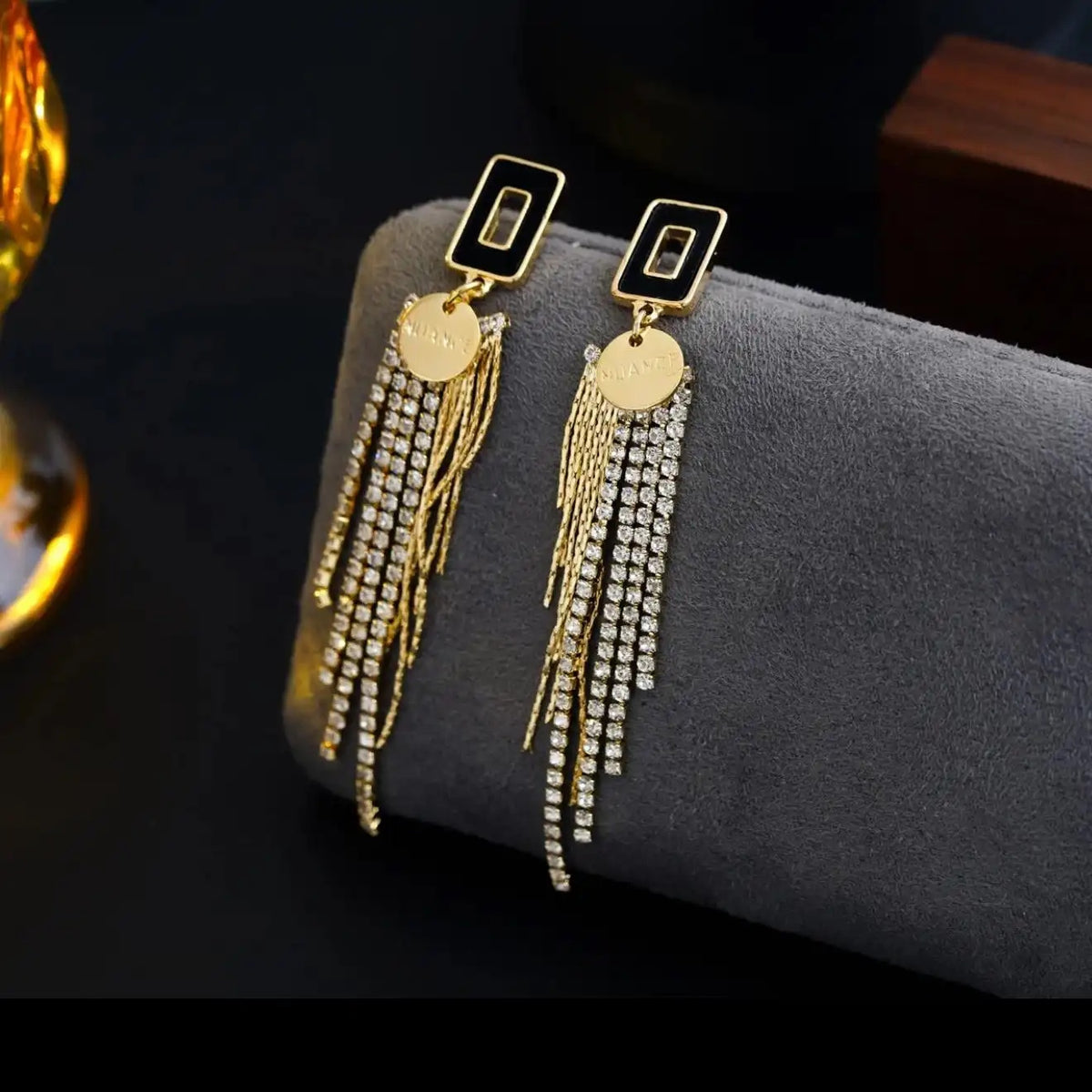 Black Geometric Chain Tassel Drop Earrings