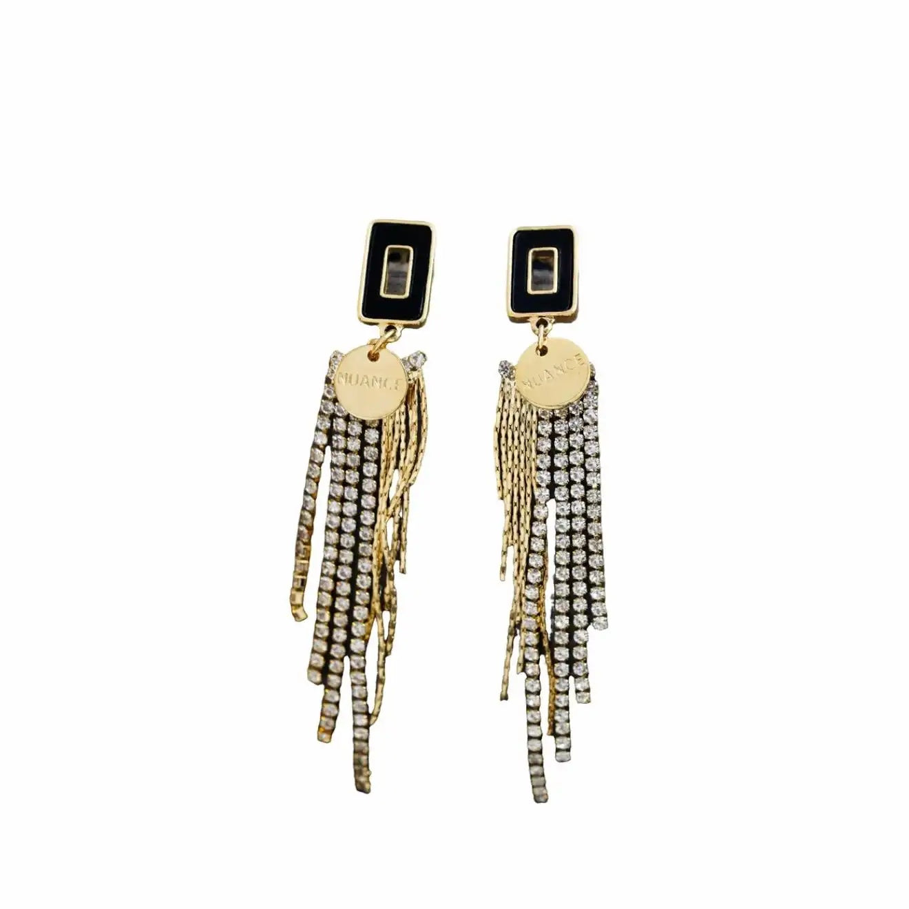 Black Geometric Chain Tassel Drop Earrings