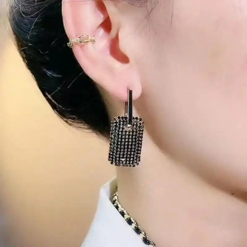 Black Geometric Crystal Hoop Earrings