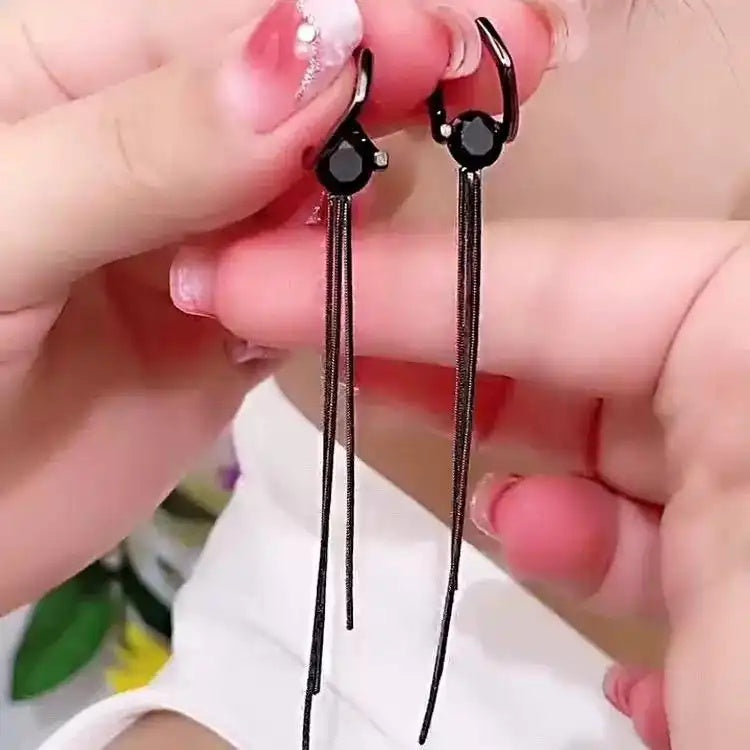 Black Long 1 Carat Tassel Drop Earrings
