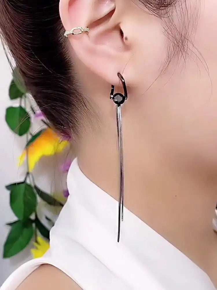 Black Long 1 Carat Tassel Drop Earrings