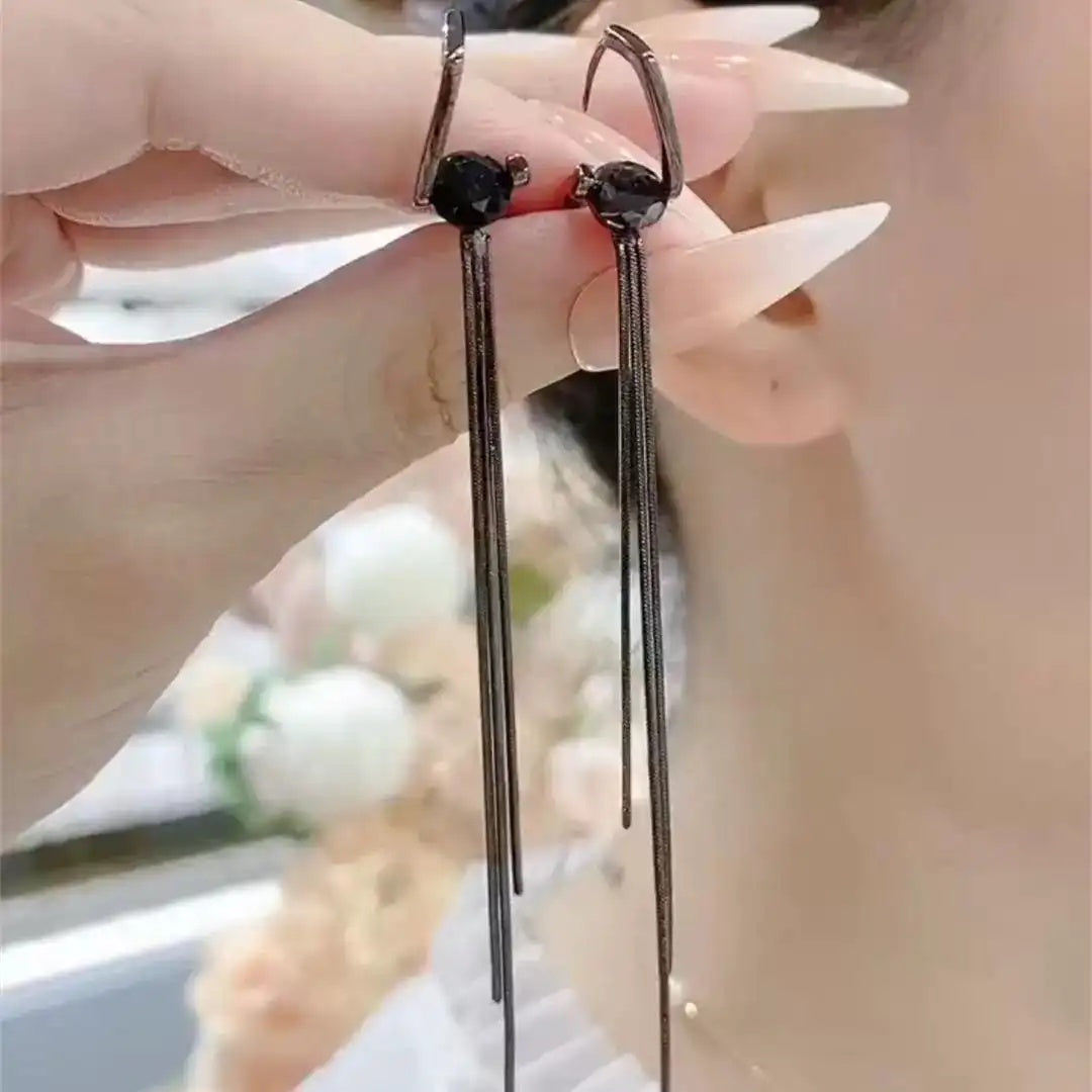 Black Long 1 Carat Tassel Drop Earrings