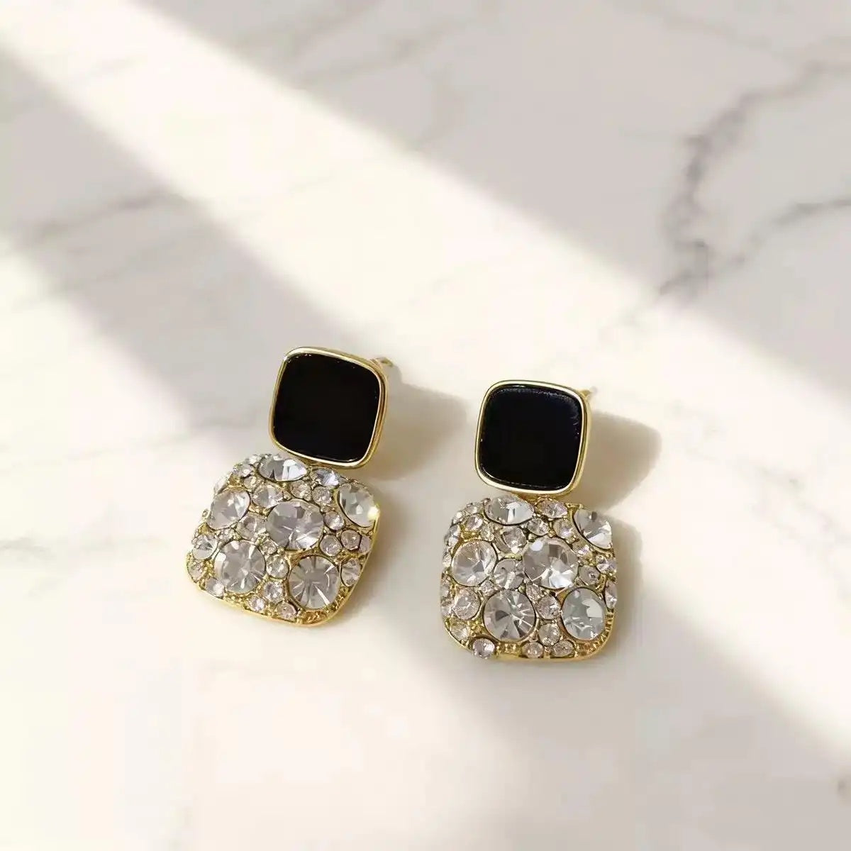 Black Square Diamond Retro Ear Stud Earrings