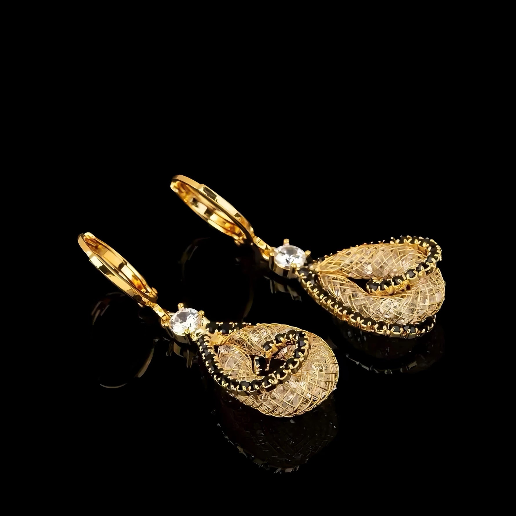 Black Teardrop Gold-Tone Rhinestones Drop Earrings
