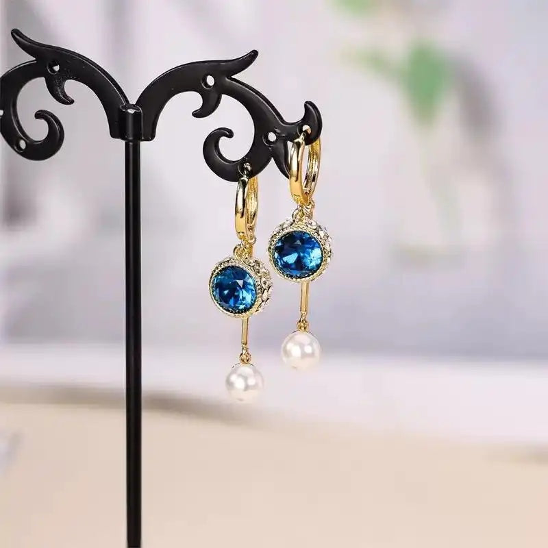 Blue Crystal Bead Tassel Drop Earrings
