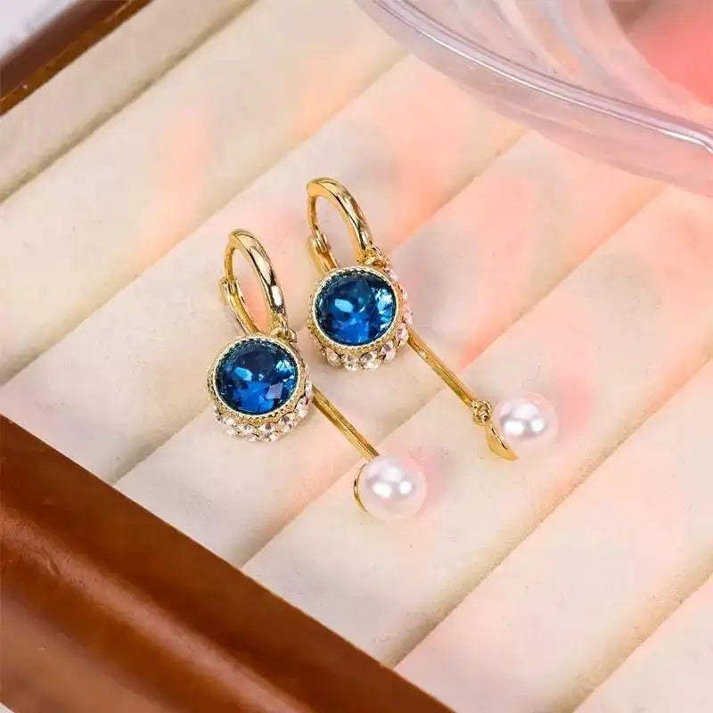 Blue Crystal Bead Tassel Drop Earrings