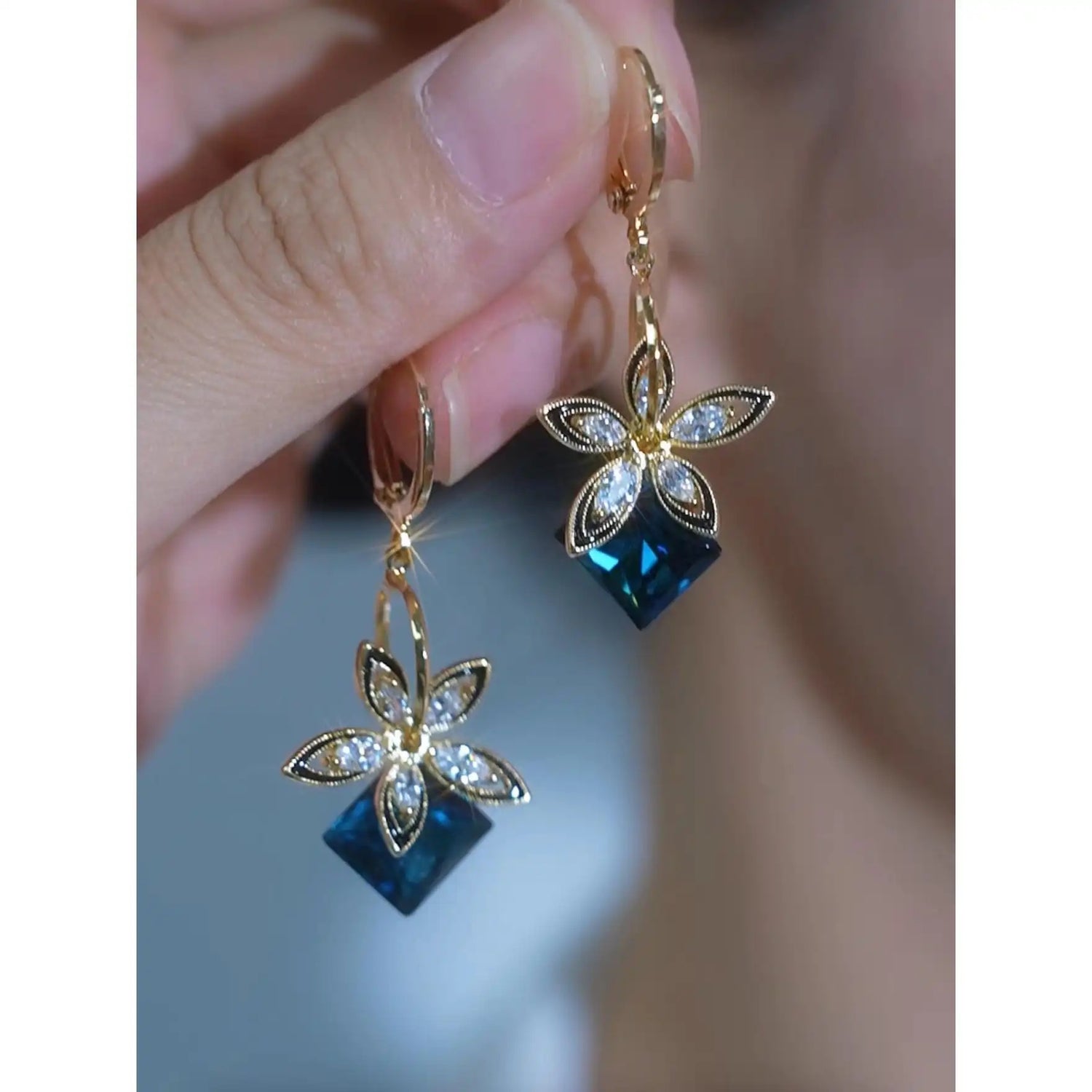 Blue Crystal Flower Earrings