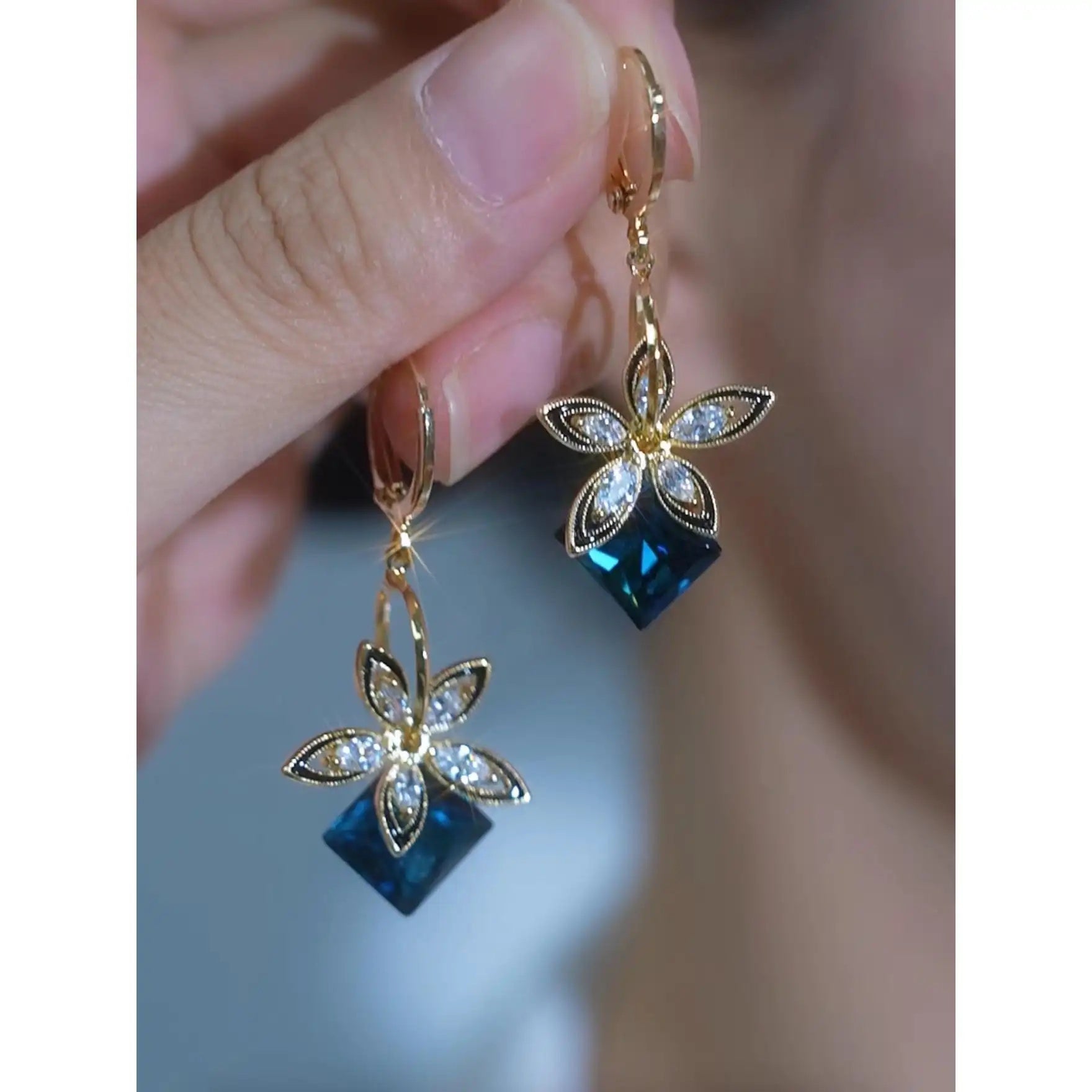 Blue Crystal Flower Earrings