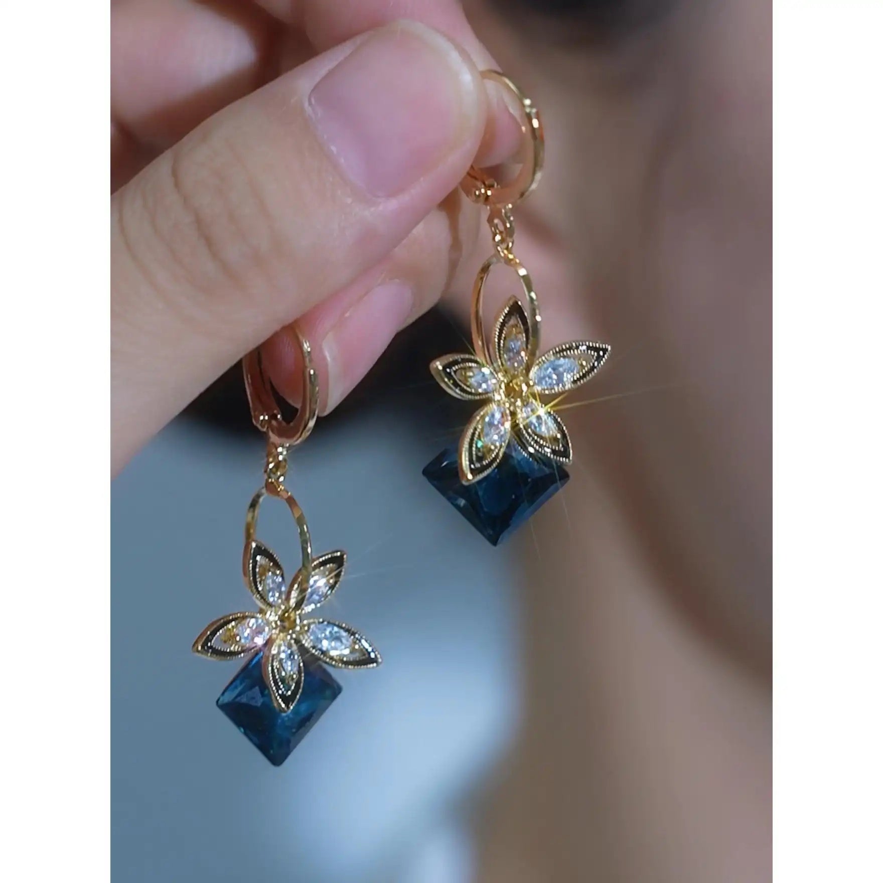 Blue Crystal Flower Earrings