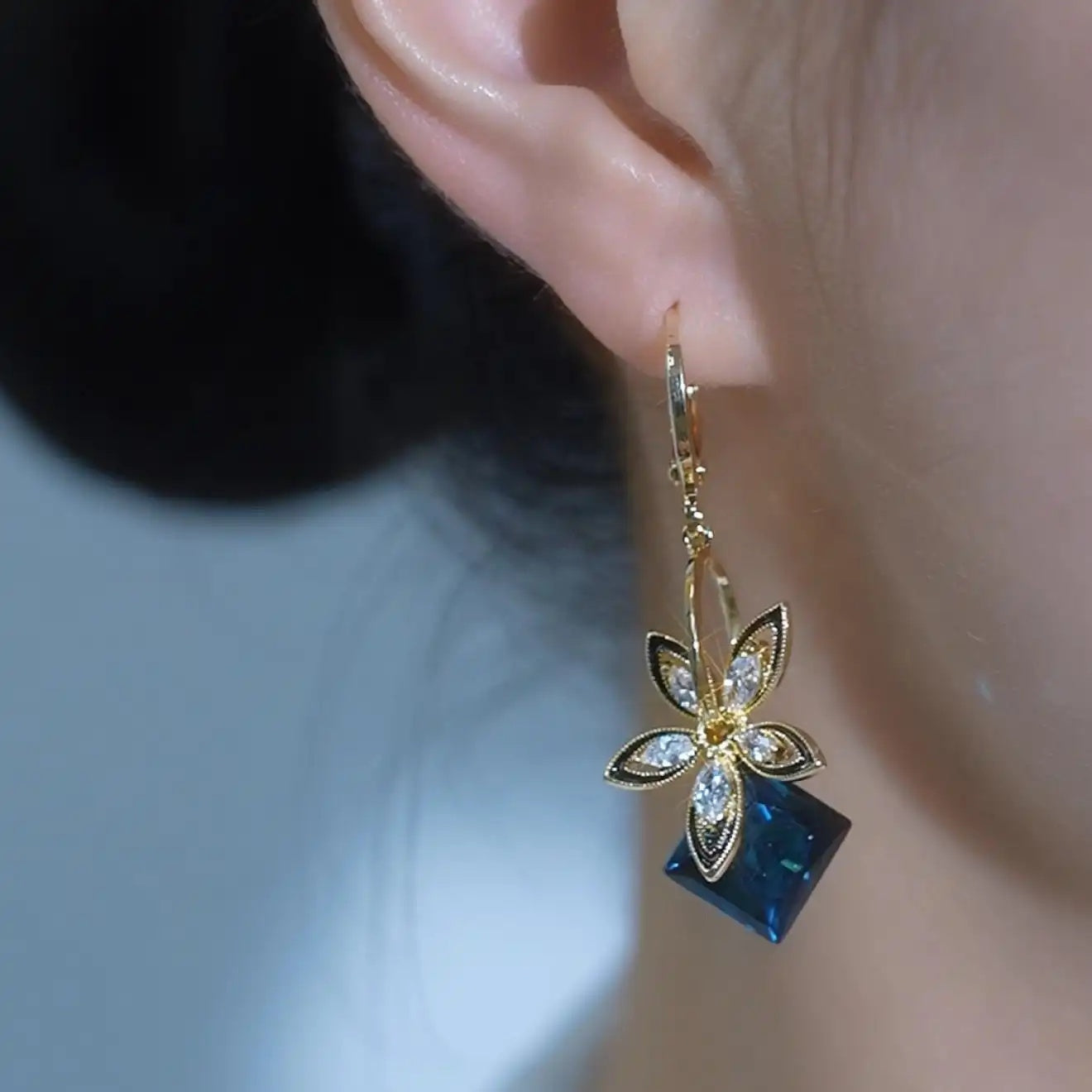 Blue Crystal Flower Earrings