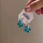Blue Crystal Flower Korean Charming Hoop Earrings