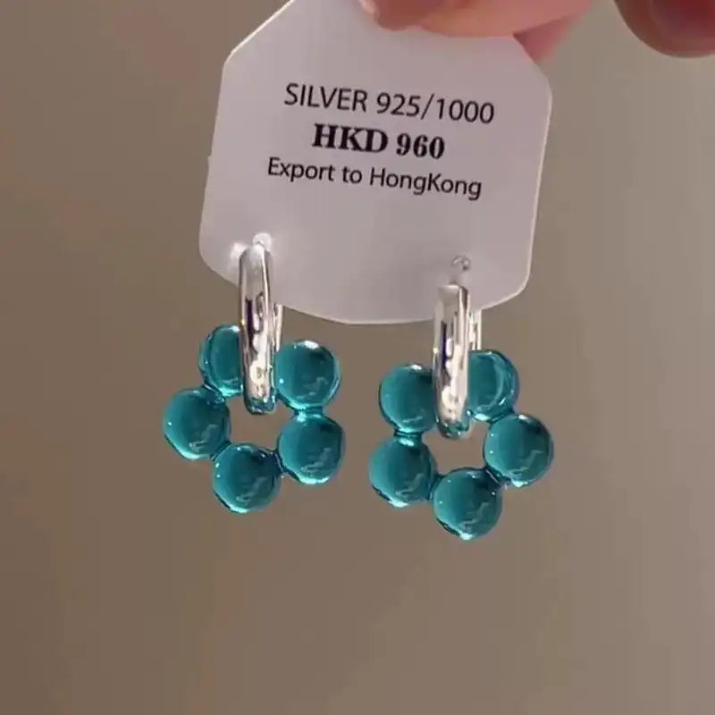 Blue Crystal Flower Korean Charming Hoop Earrings