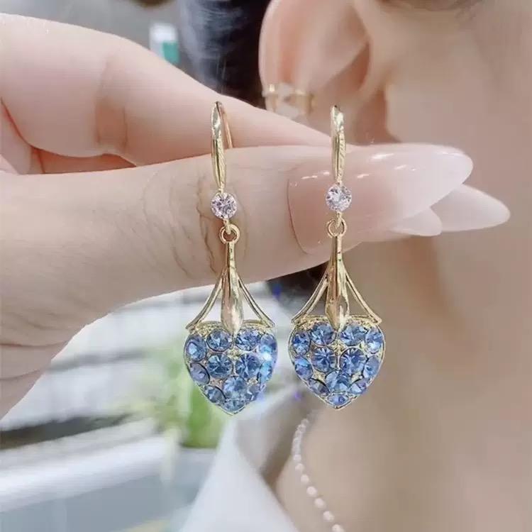 Blue Crystal Heart Pearl Drop Earrings
