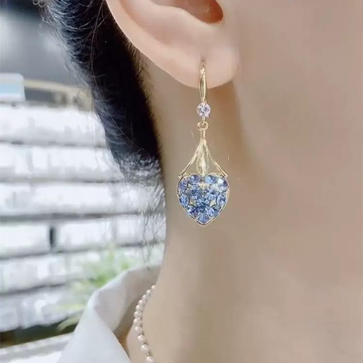 Blue Crystal Heart Pearl Drop Earrings