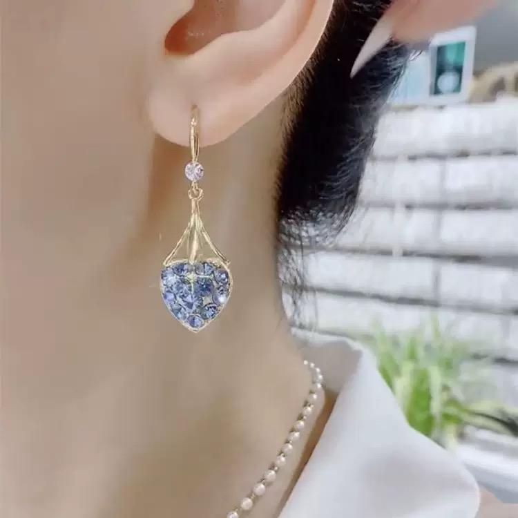 Blue Crystal Heart Pearl Drop Earrings