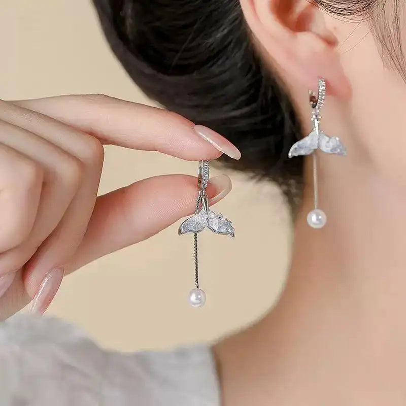 Blue Crystal Mermaid Tail Pearl Drop Earrings