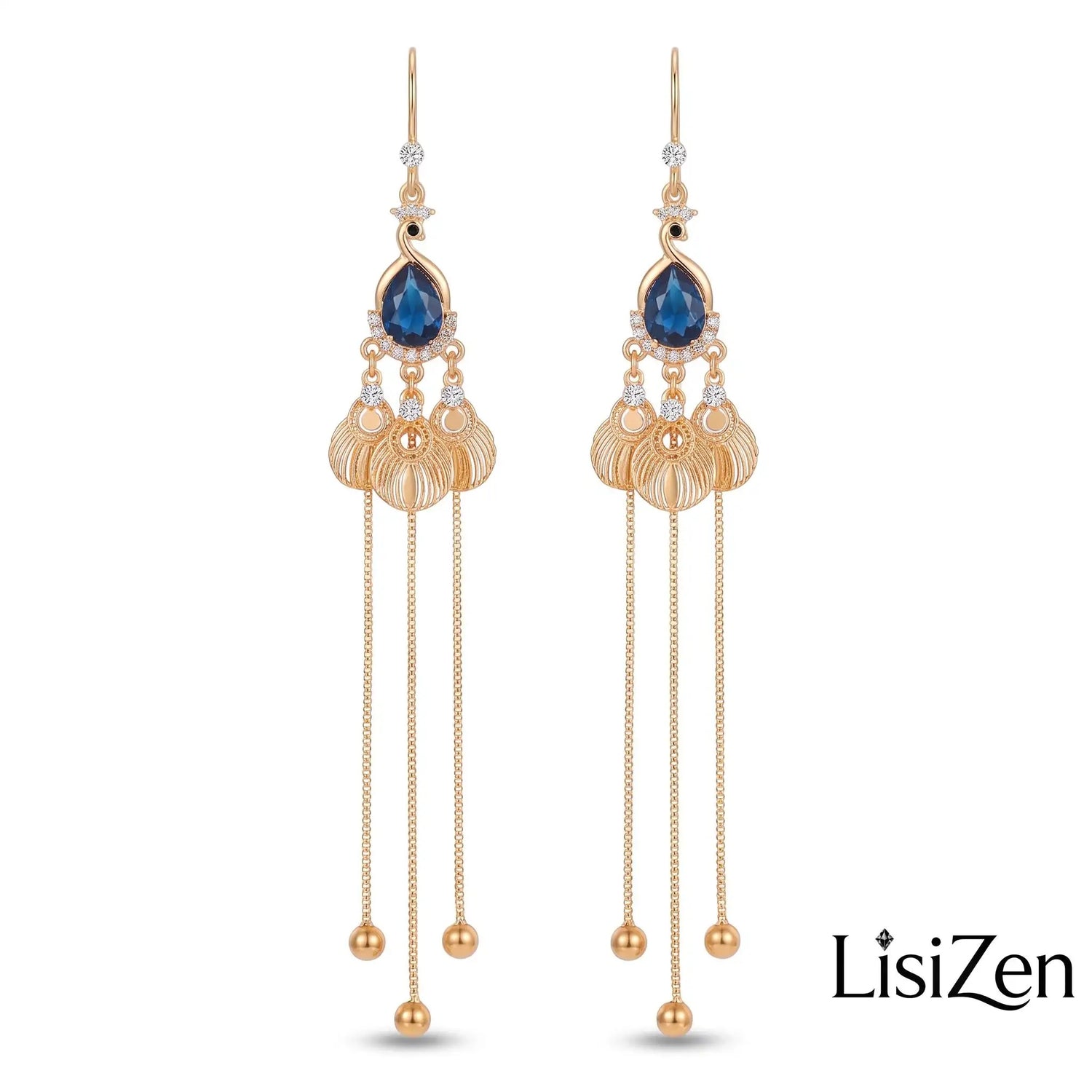 Blue Crystal Peacock Long Phoenix Drop Earrings