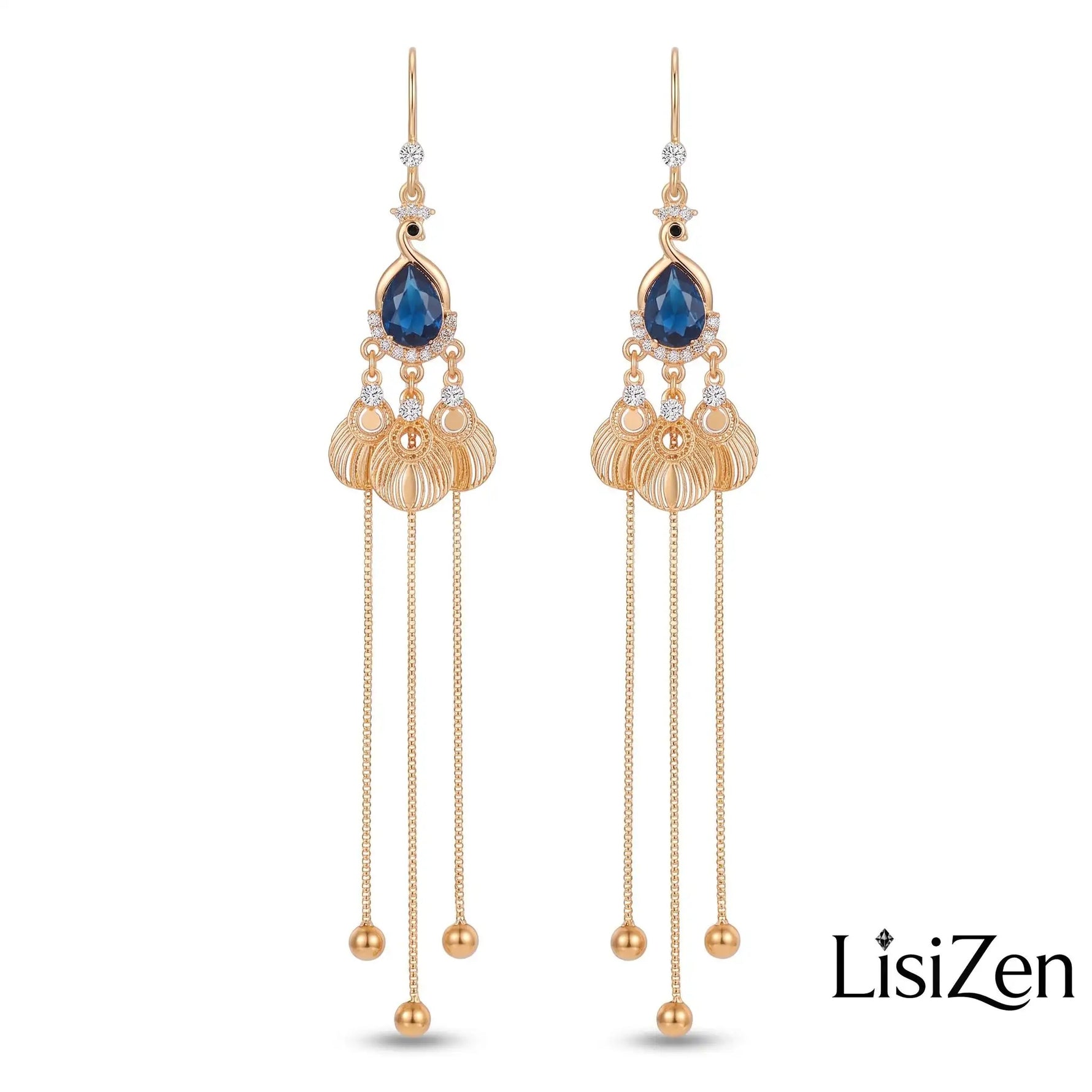 Blue Crystal Peacock Long Phoenix Drop Earrings