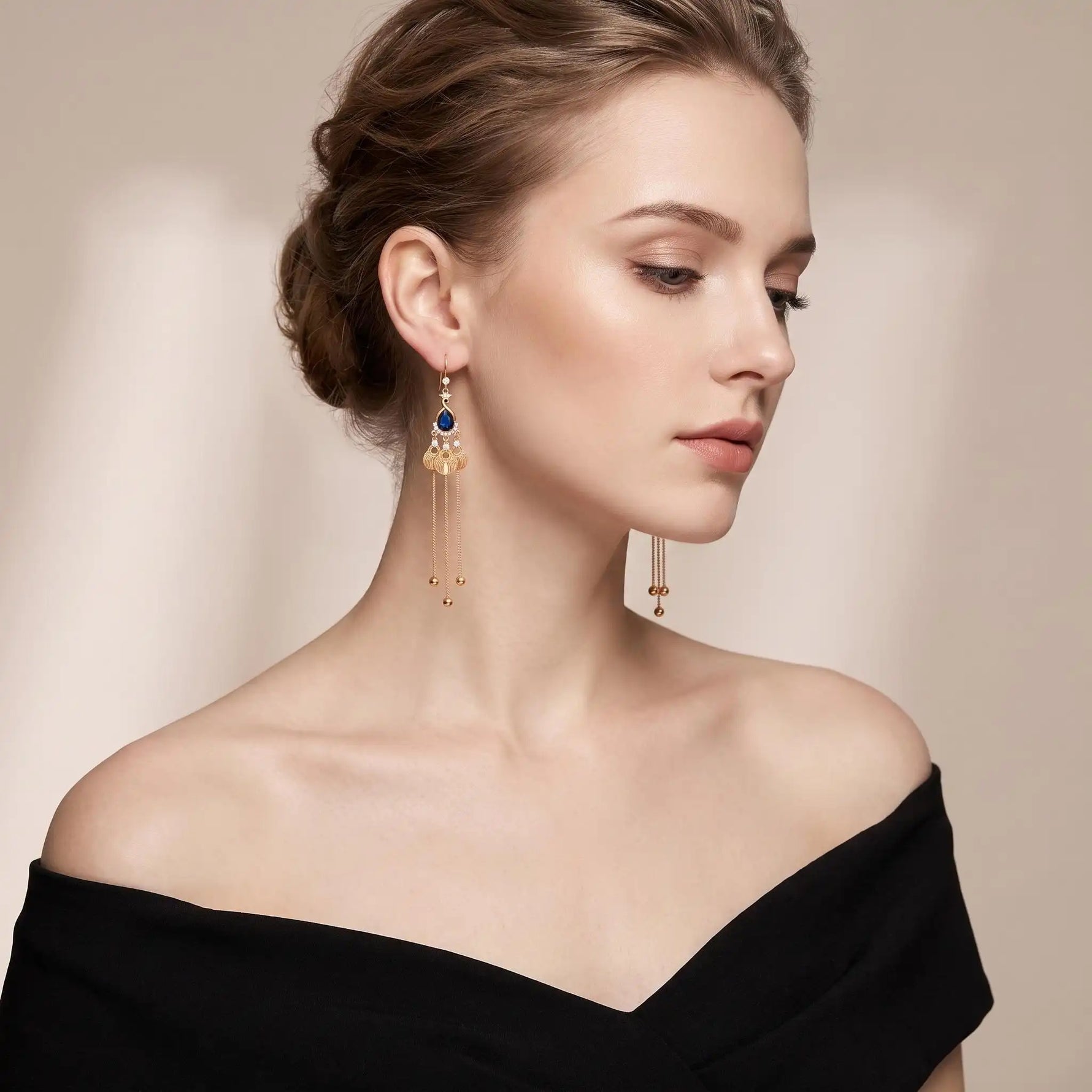 Blue Crystal Peacock Long Phoenix Drop Earrings